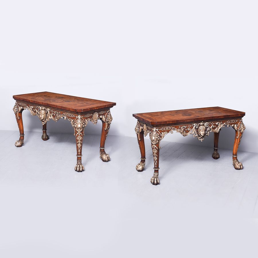 Antique Pair of Exhibition Quality Walnut Silvered and Yew Wood Serving Tables