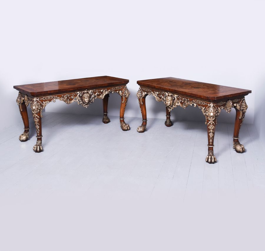 Antique Pair of Exhibition Quality Walnut Silvered and Yew Wood Serving Tables