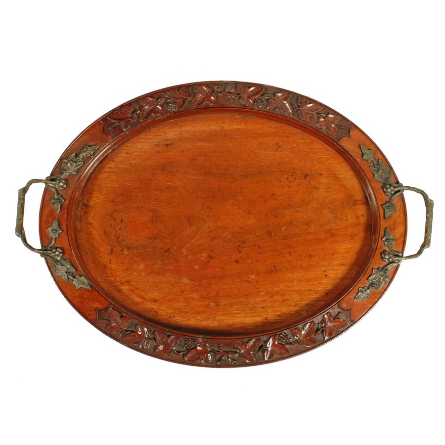 Antique Stylish Carved Rustic Walnut Tray