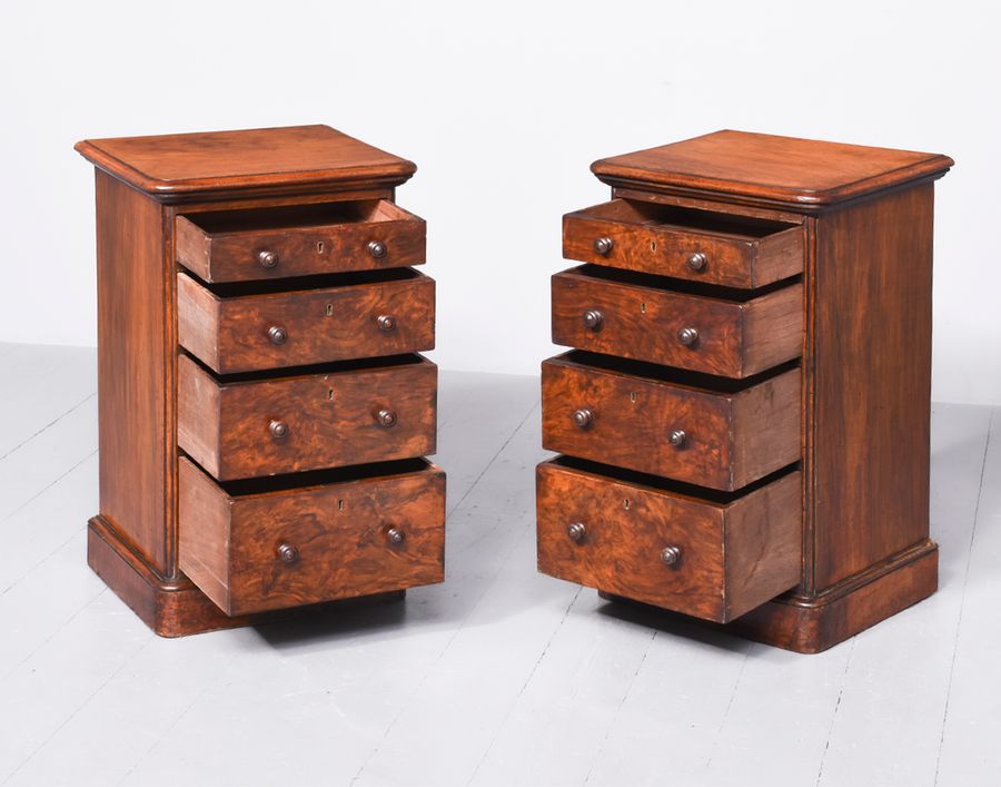 Antique Pair of Mid-Victorian Burr Walnut, Neat-Sized Chests of Drawers/Bedside Lockers