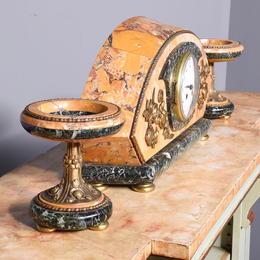 Antique 3 Piece Marble and Brass Art Deco Clock Set