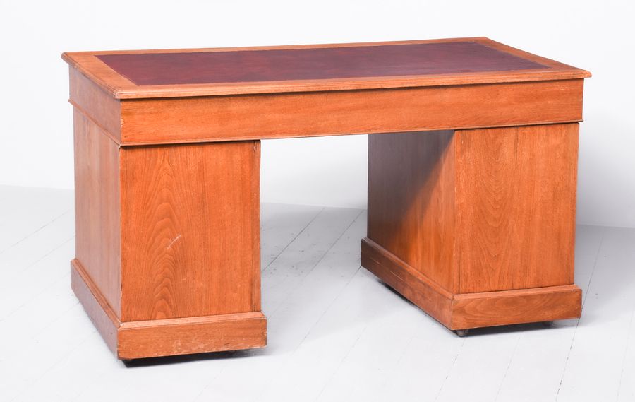 Antique Late Victorian Oak Pedestal Writing Desk with Red Leather Writing Surface