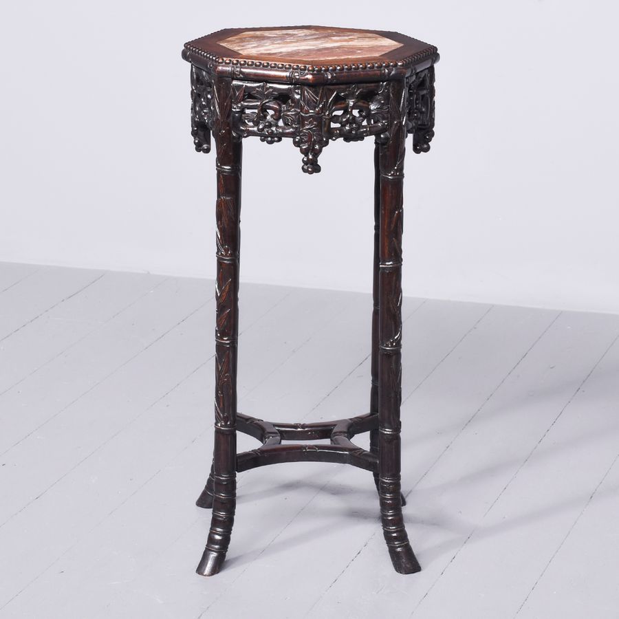 Antique Chinese Marble-Top Faux Bamboo Rosewood Plantstand
