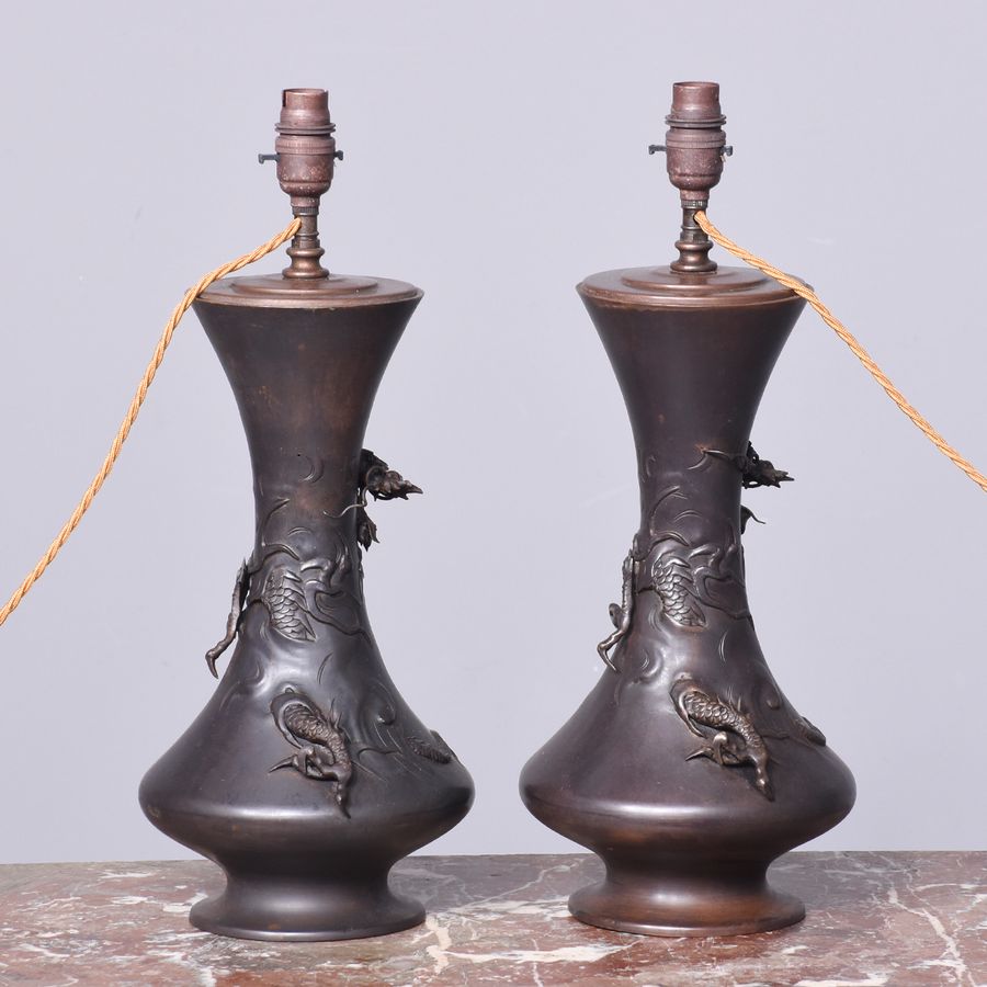 Antique Pair of Bronze Meiji Period Lamps