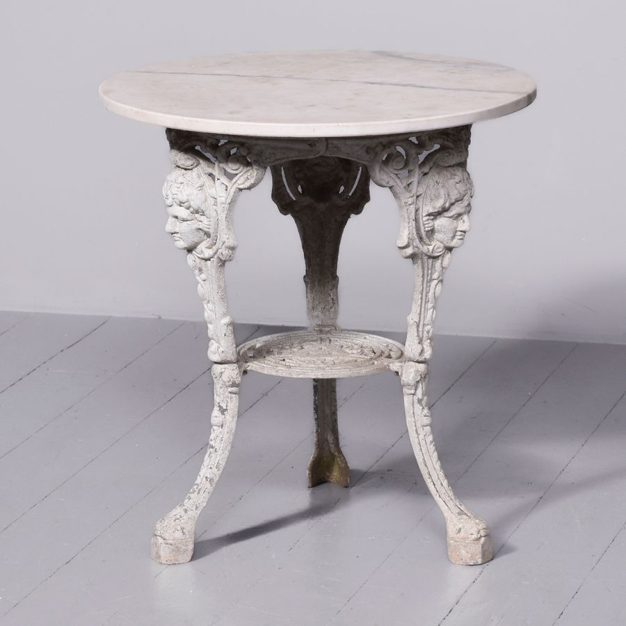 Antique Victorian Cast Iron Pub Table with White Marble Top