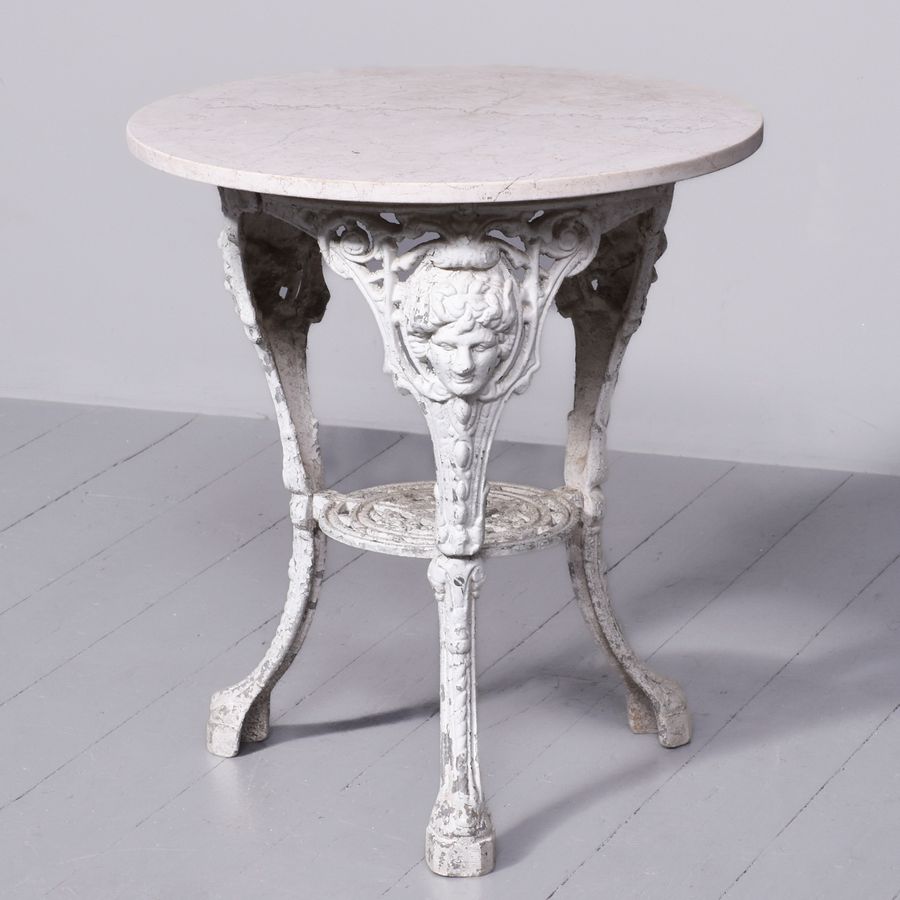 Late Victorian Circular Cast Iron Pub Table with White Marble Top