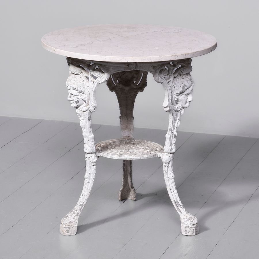 Antique Late Victorian Circular Cast Iron Pub Table with White Marble Top