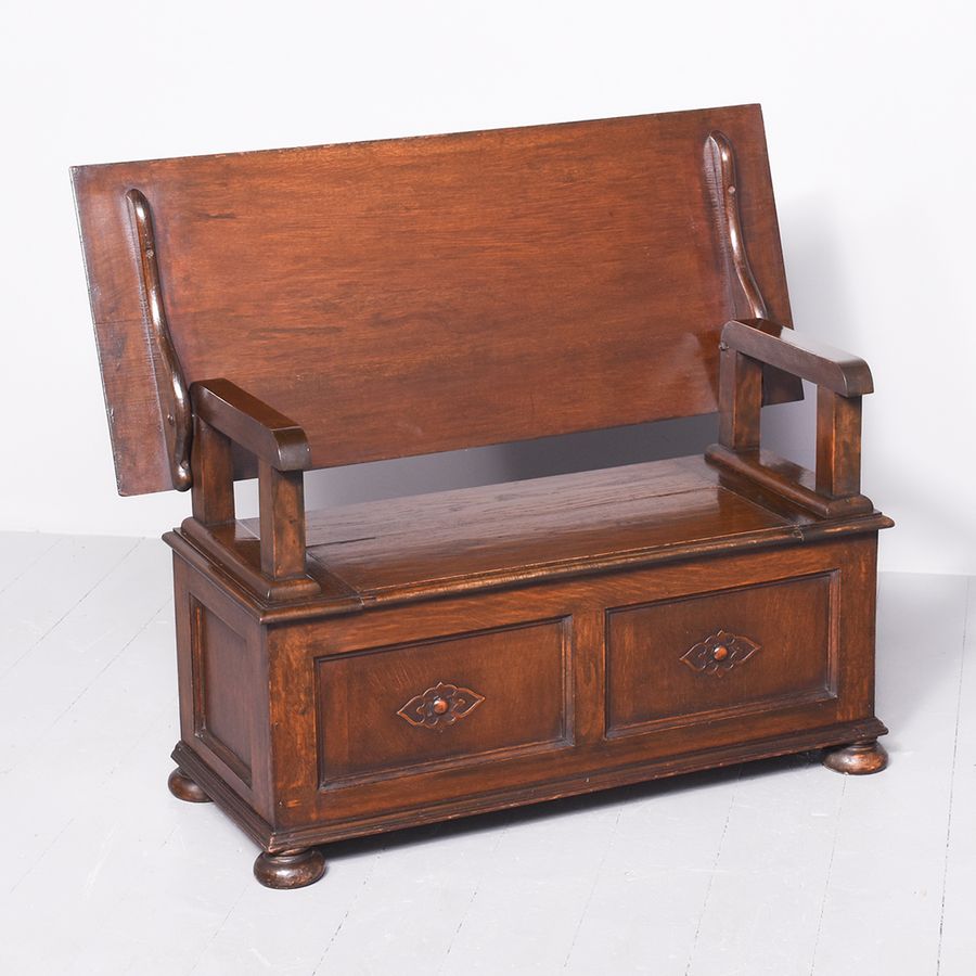Antique Neat Size Solid Oak Jacobean Style Oak Monks’ Bench