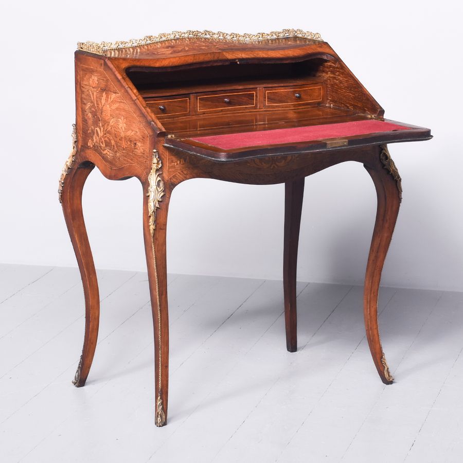 Antique Victorian Marquetry Inlaid Walnut and Rosewood Ladies Writing Desk