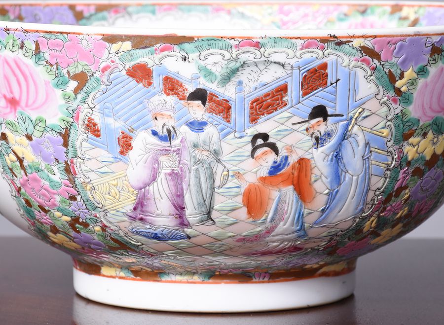 Antique Canton (Mandarin) Hand Painted Bowl with Panels of Figures in Blues, Reds and Greens Surrounded by Chrysanthemums