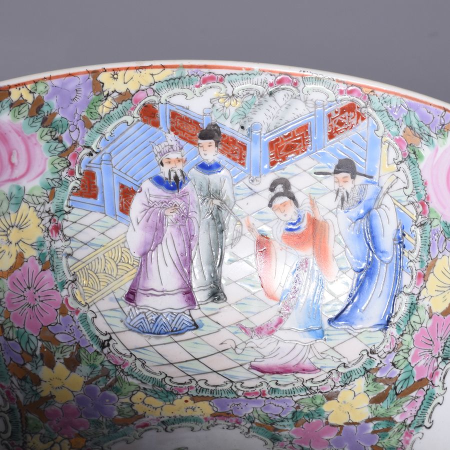 Antique Canton (Mandarin) Hand Painted Bowl with Panels of Figures in Blues, Reds and Greens Surrounded by Chrysanthemums