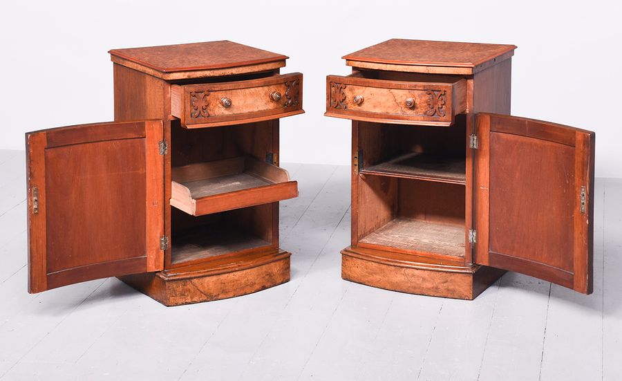 Antique Exceptional Pair of Large Burr Walnut Bowfront Bedside Lockers