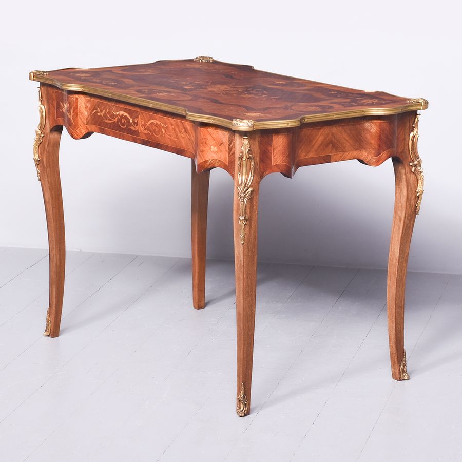 Antique Marquetry Inlaid, Brass-Mounted Walnut Free-Standing Table