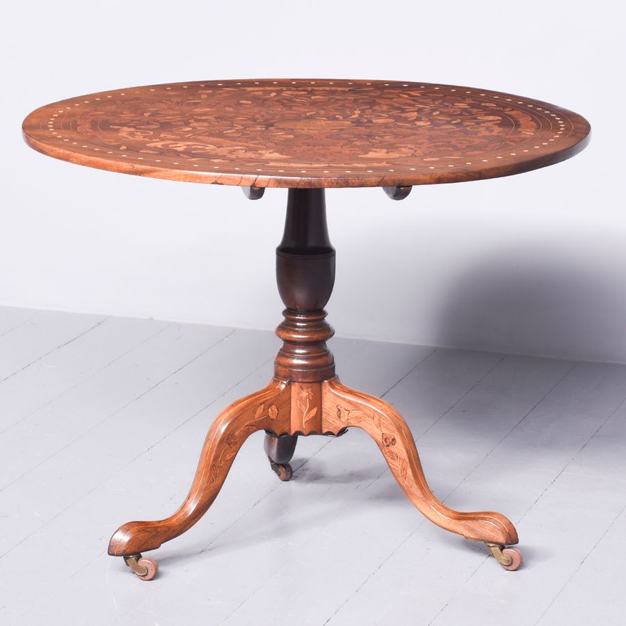 19th Century Dutch Marquetry Inlaid Mahogany Circular Snap Top Table