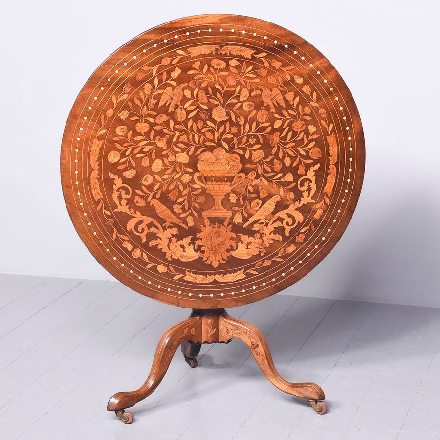 Antique 19th Century Dutch Marquetry Inlaid Mahogany Circular Snap Top Table