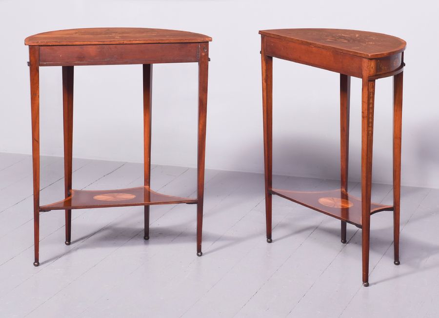 Antique Pair of Sheraton Style Inlaid Demi-Lune Side Tables