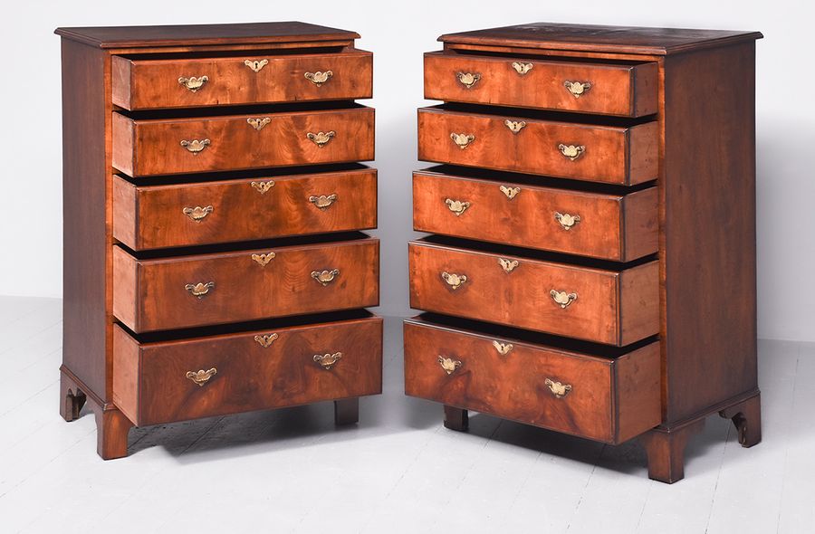 Antique Rare Pair Of George II Style Walnut Chest Of Drawers 
