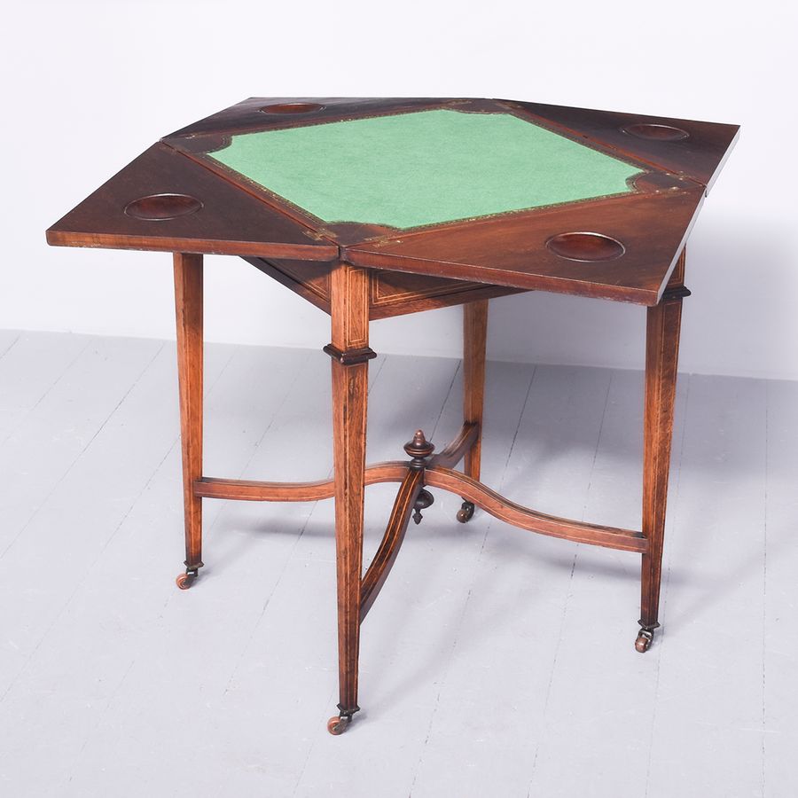 Antique Late Victorian Marquetry Inlaid Rosewood Envelope Card Table