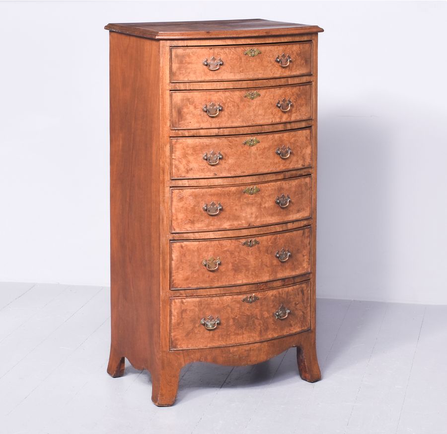 George II Style Tall Burr Walnut Bowfront Chest of Drawers