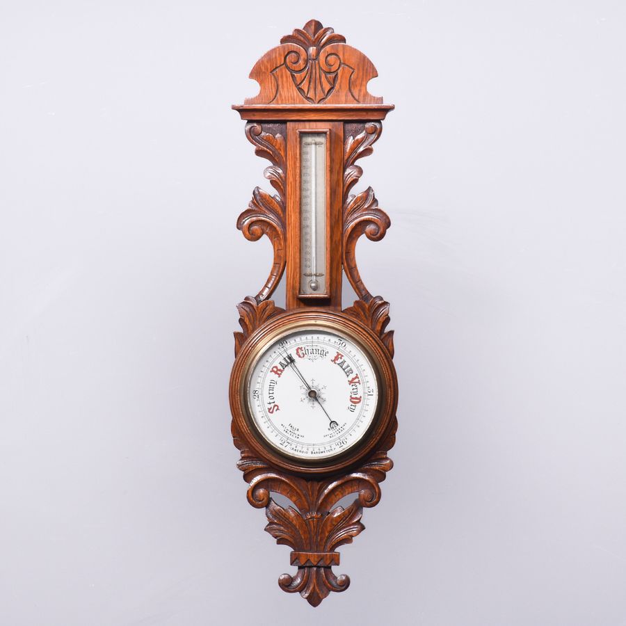 Edwardian Carved Oak Aneroid Barometer and Thermometer