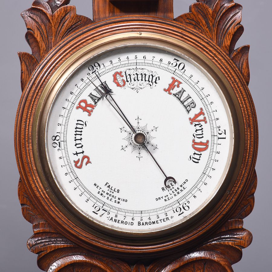 Antique  Edwardian Carved Oak Aneroid Barometer and Thermometer 