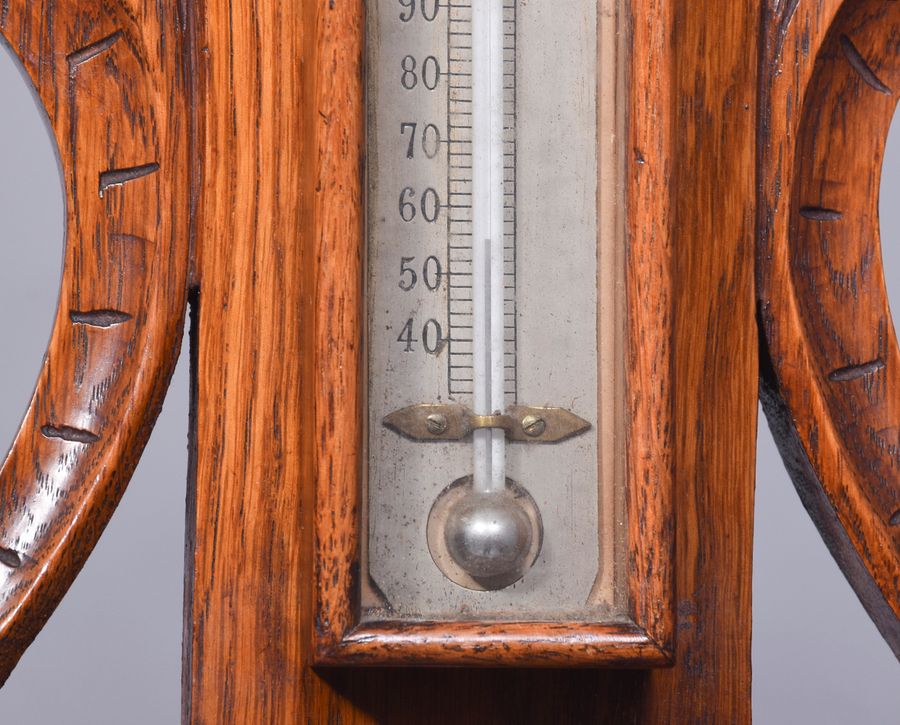 Antique  Edwardian Carved Oak Aneroid Barometer and Thermometer 