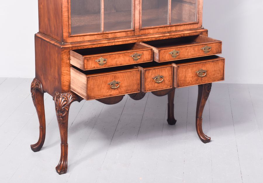 Antique Exceptional Early Georgian-Style Figured Walnut Bookcase/Display Cabinet on Stand