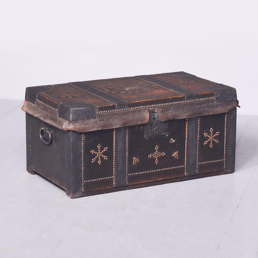 Rare Early Georgian Metal and Leather-Bound Decorative Wooden Trunk