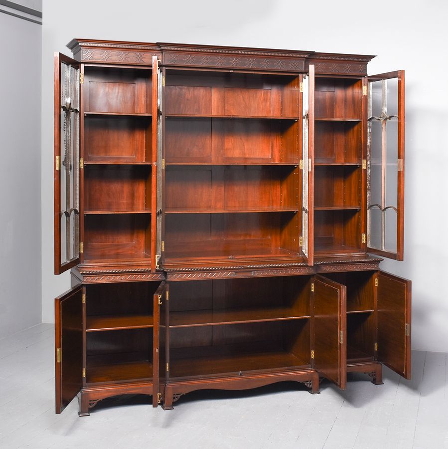 Antique Mahogany Breakfront Glazed Cabinet Bookcase