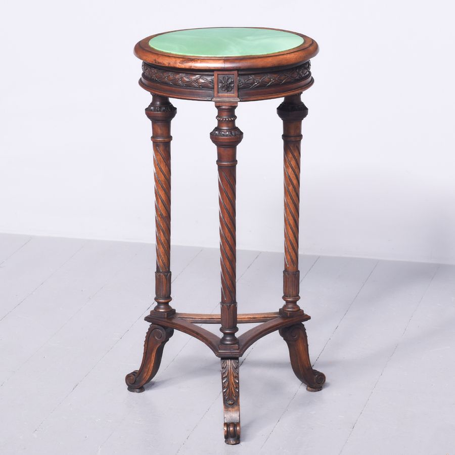 Early 19th Century Carved Walnut Circular Jardinière Stand with Figured Green Glass Inset
