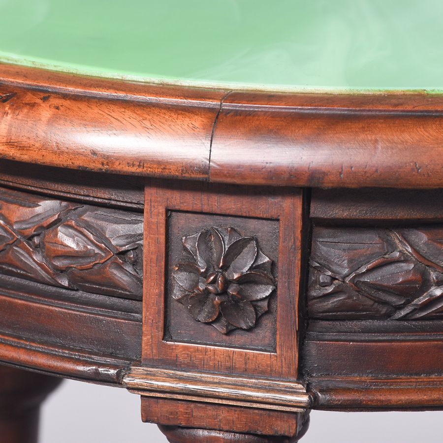 Antique Early 19th Century Carved Walnut Circular Jardinière Stand with Figured Green Glass Inset