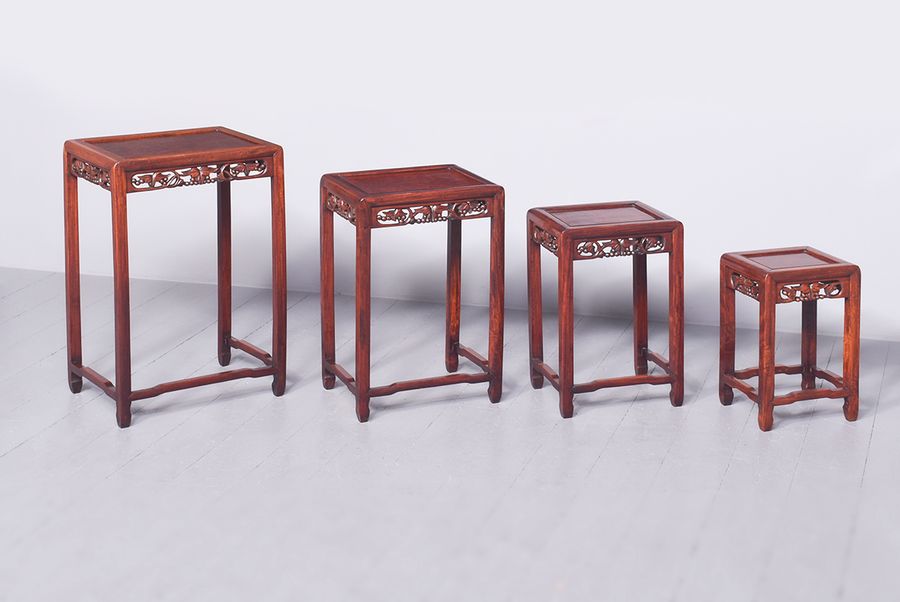 Antique Set of Four Qing Dynasty Hongmu and Burr Hardwood Nest of Tables