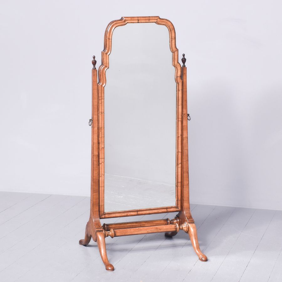 Exceptional Figured Walnut Early Georgian-Style Cheval Mirror