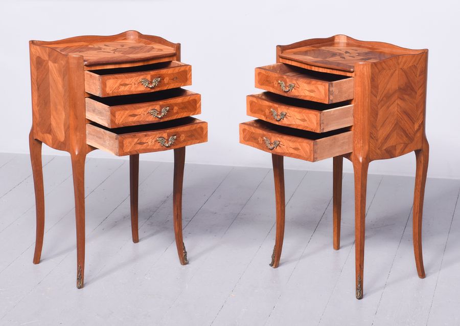 Antique Pair of Marquetry Inlaid French Tulipwood Side Tables or Bedside Lockers