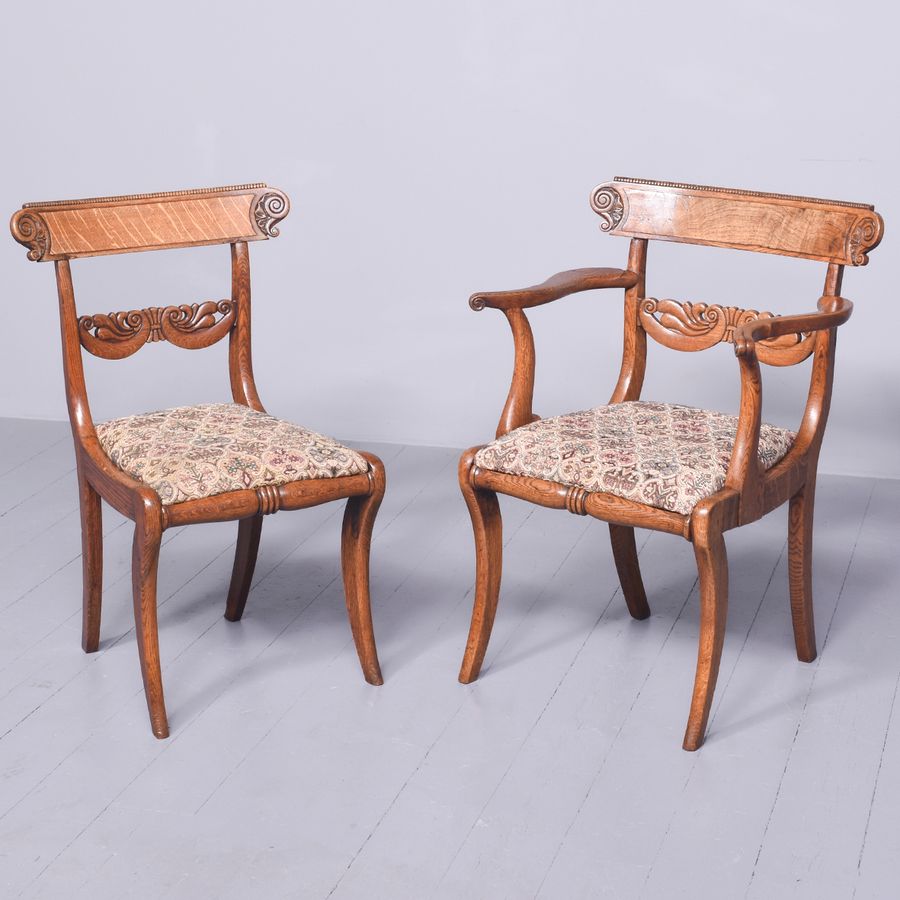 Antique Set of 7 Regency Pollard Oak and Elm Dining Chairs, Including Two Carvers