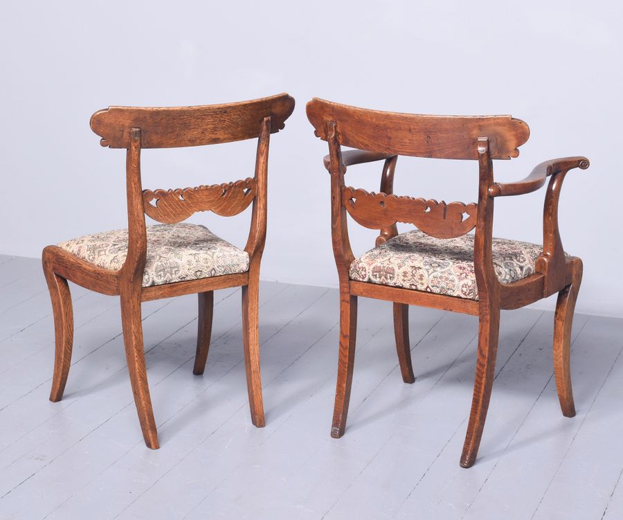 Antique Set of 7 Regency Pollard Oak and Elm Dining Chairs, Including Two Carvers