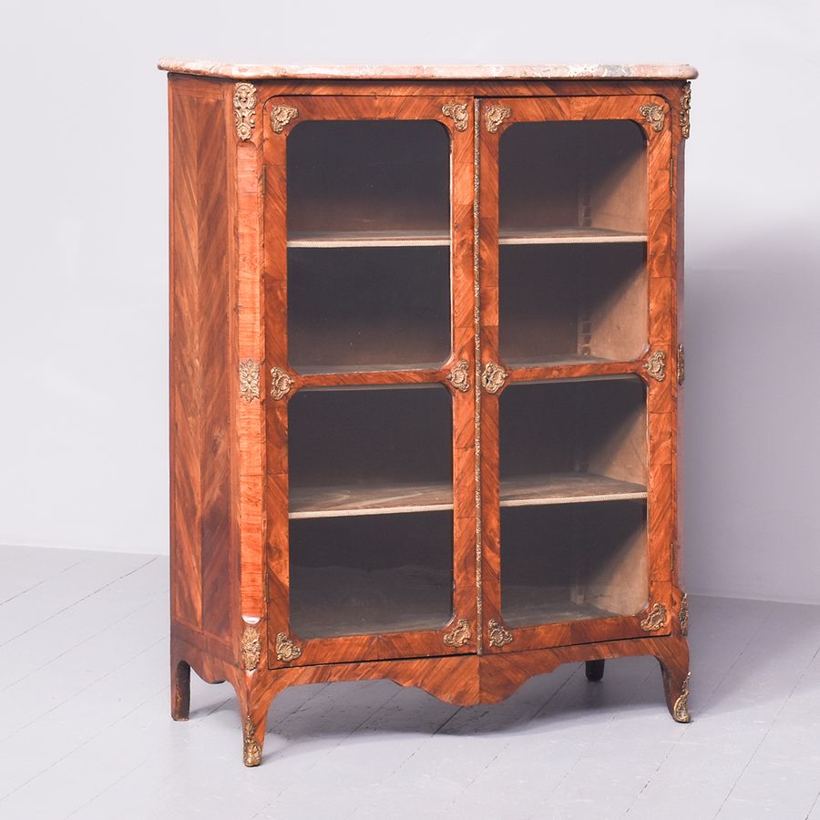 Mid-19th Century French Figured Walnut Marble Topped Bookcase/Cabinet