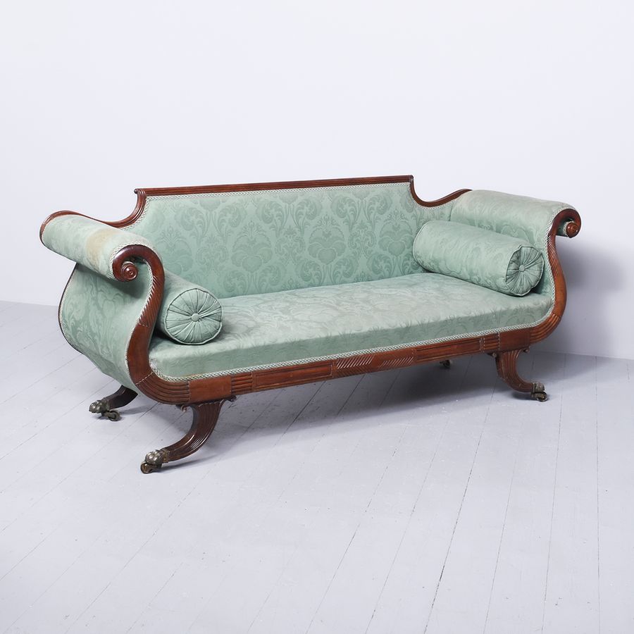 Antique Exceptional Quality Large Mahogany Regency Sofa in Green Upholstery