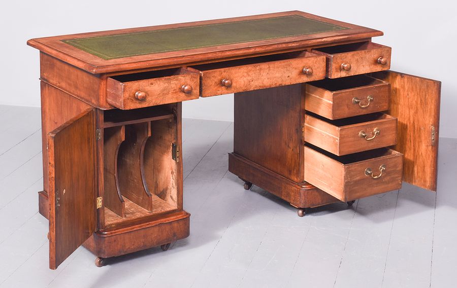 Antique Mid Victorian Burr Walnut Kneehole Writing Desk