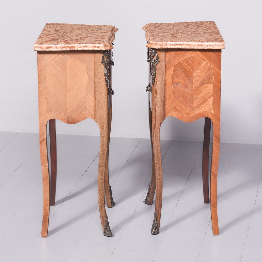 Antique Pair of Louis XV Style Kingwood and Walnut Marble Top Bedside Lockers/Lamp Stands