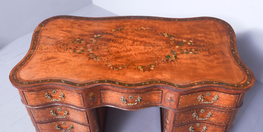 Antique Rare Hand-Decorated Free-Standing 19th Century Satinwood Knee-Hole Desk