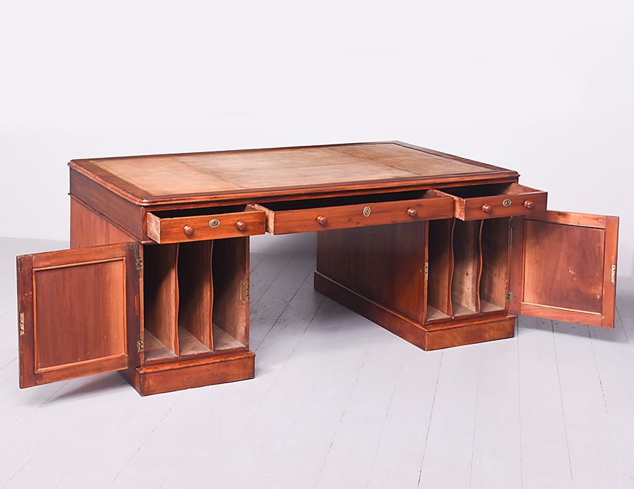 Antique Large Mid-Victorian Mahogany Partners Desk with Tan Leather Top