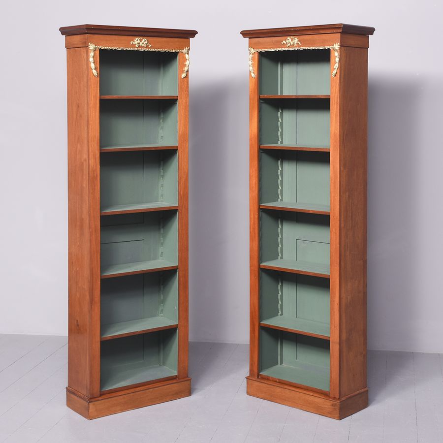 Pair of Victorian Ormolu-Mounted Mahogany Tall Open Bookcases
