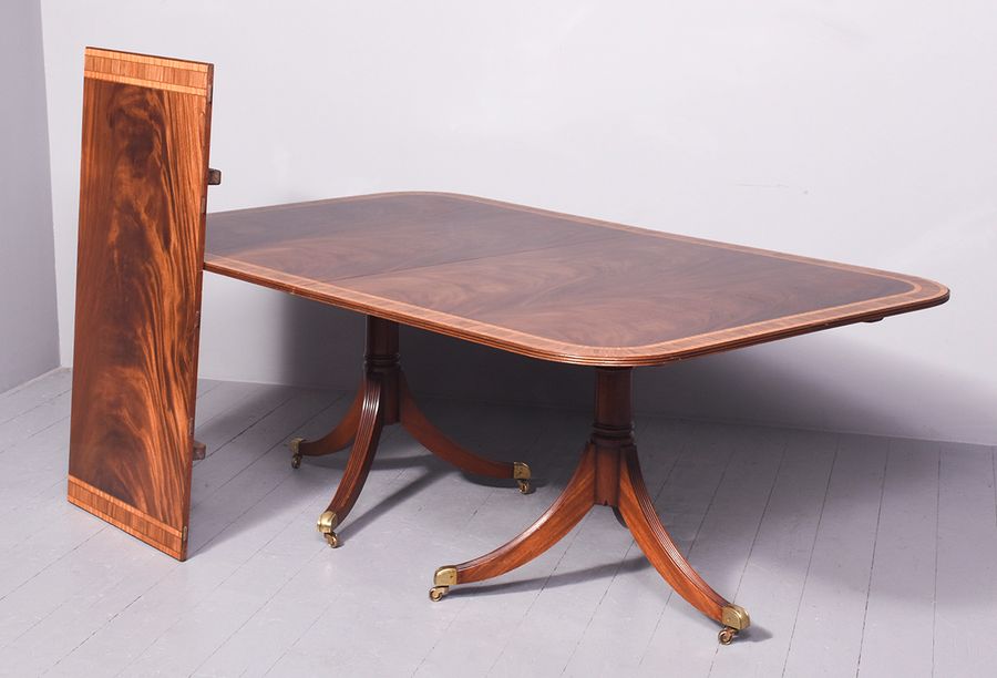 Antique Regency-Style Inlaid Mahogany Twin-Pillar Dining Table with Two Detachable Leaves 