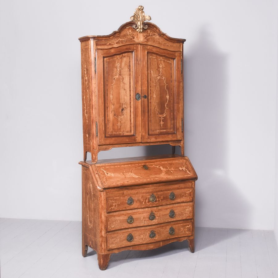 Rare Marquetry- Inlaid 18th Century Italian Walnut Bureau Cabinet