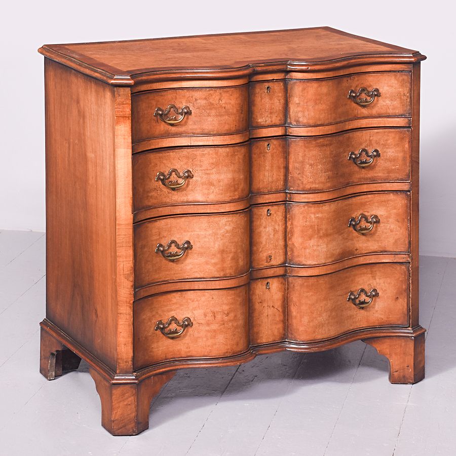 Georgian-Style Neat-Sized, Burr Walnut Block-Front Chest of Drawers