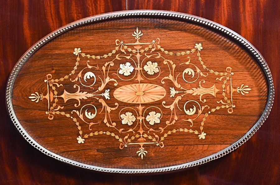 Exceptional Late Victorian Marquetry Inlaid Brass Galleried Tray