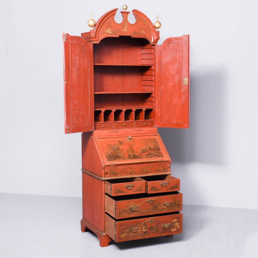 Antique Red Lacquered Queen Anne Style Bureau Bookcase