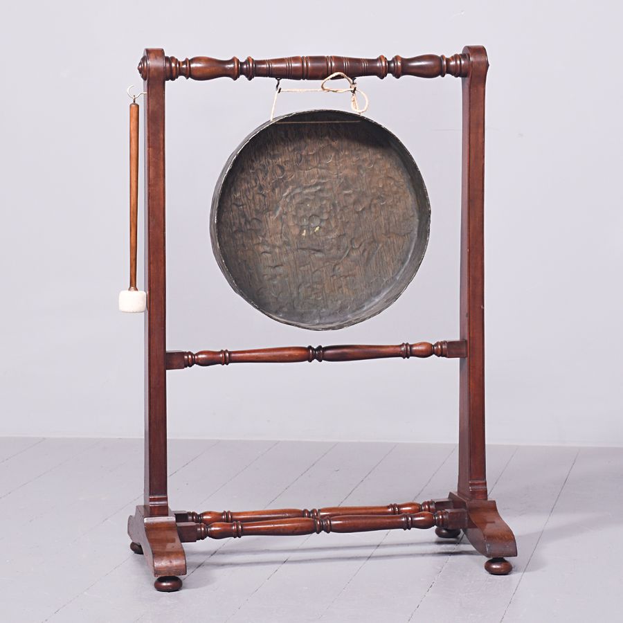 Antique  Large Victorian Mahogany Framed Brass Gong 