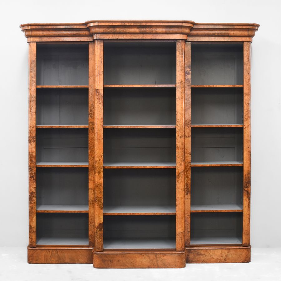 Antique Mid Victorian Burr Walnut Breakfront Open Bookcase 